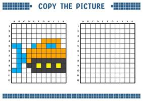 Kopieren das Bild, Komplett das Gitter Bild. lehrreich Arbeitsblätter Zeichnung mit Quadrate, Färbung Bereiche. Kinder- Vorschule Aktivitäten. Karikatur Vektor, Pixel Kunst. Konstruktion Fahrzeug, Bulldozer. vektor