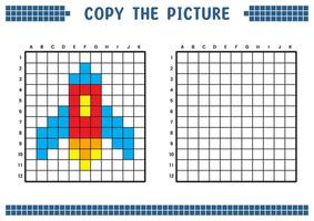 Kopieren das Bild, Komplett das Gitter Bild. lehrreich Arbeitsblätter Zeichnung mit Quadrate, Färbung Zelle Bereiche. Kinder- Vorschule Aktivitäten. Karikatur Vektor, Pixel Kunst. Raum Rakete Illustration. vektor