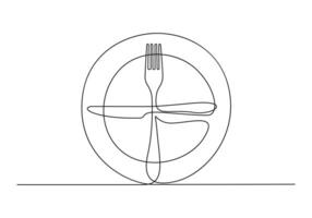 kontinuerlig ett linje teckning av kniv, gaffel och tallrik dekoration för Kafé eller kök restaurang eller meny bestick vektor illustration