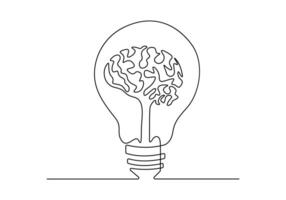 Single Linie Zeichnung von die Glühbirne mit Mensch Gehirn zum medizinisch Unternehmen Logo Identität Vektor Illustration