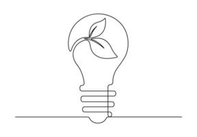 kontinuerlig ett linje teckning av ljus Glödlampa och växt. vektor illustration