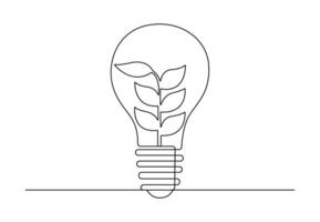 kontinuerlig ett linje teckning av ljus Glödlampa och växt. vektor illustration