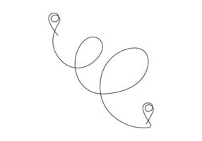 ett kontinuerlig linje teckning av väg och plats pekare enkel stift på sätt mellan två poäng i linjär stil vektor illustration