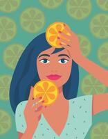 sommar vibe. kvinna med färsk orange skiva, citrus- bakgrund. vektor illustration i minimalistisk stil för affischer, täcker, flygblad, banderoller