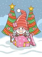 niedliche Gnome-Mädchenillustration mit Weihnachtsgeschenkbox vektor