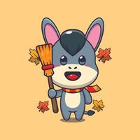 süß Herbst Esel halten Besen. Maskottchen Karikatur Vektor Illustration geeignet zum Poster, Broschüre, Netz, Maskottchen, Aufkleber, Logo und Symbol.