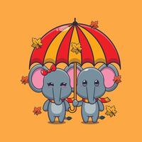 söt par elefant med paraply på höst säsong tecknad serie vektor illustration