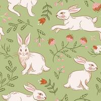 påsk löpning och Sammanträde kaniner, sömlös mönster. årgång blomning körsbär, mjölon. stiliserade retro illustration. boho, rustik stil. tapet, tyg, omslag, bakgrund. slavic folk blommor vektor