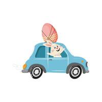 påsk kanin leverans. söt kanin körning en blå bil och transport en rosa ägg på de tak vektor