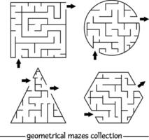 vektor labyrint mall uppsättning. tom svart och vit fyrkant, runda, polygon, triangel formad geometrisk labyrint samling. förskola tryckbar pedagogisk aktivitet eller spel prov