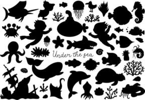 Vektor unter das Meer Silhouetten Satz. Ozean schwarz Symbole Sammlung mit komisch Algen, Fisch, Taucher, U-Boot. süß Wasser Tiere und Unkraut Schatten Abbildungen mit Delfin, Wal, Schildkröte