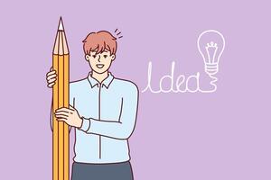 företag man har komma upp med aning och innehav jätte penna, stående nära teckning av ljus Glödlampa vektor