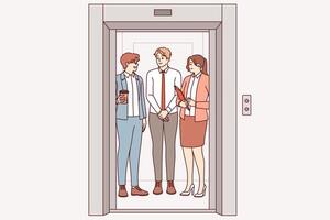 företag människor rida i hiss tillsammans, gående upp till annan avdelning av företag vektor