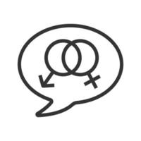 Sprechen Sie über das lineare Symbol für Sex. dünne Linie Abbildung. Chat-Box mit ineinandergreifenden Mann- und Frauenzeichen im Inneren. Kontursymbol. Vektor isolierte Umrisszeichnung