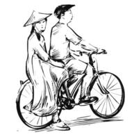 Zeichnung von Vietnamesisch ein Paar Reiten Fahrrad vektor