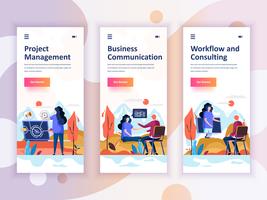 Set Onboarding-Bildschirme für die Benutzeroberfläche für Management, Kommunikation, Workflow, Konzept für mobile App-Vorlagen. Moderner UX, UI-Bildschirm für mobile oder responsive Website. Vektor-illustration vektor