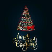 Frohe Weihnachten. goldener handgeschriebener Schriftzug mit üppigem goldenem Weihnachtsbaum aus Schneeflocken mit roten Bändern und Schleife auf dunkelblauem Hintergrund. neues Jahr 2022. vektor