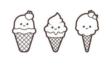 kawaii Eis Sahne Dessert im ein Waffel Tasse, schwarz Umriss, Vektor Illustration im Karikatur Stil. Vektor Illustration