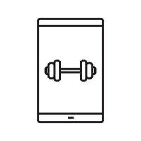 Lineares Symbol für die Smartphone-Fitness-App. dünne Linie Abbildung. Smartphone mit Fitness-Langhantel-Kontursymbol. Vektor isolierte Umrisszeichnung