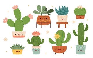 uppsättning av söt tecknad serie kaktus och suckulenter med rolig ansikten i kastruller och med växter vektor