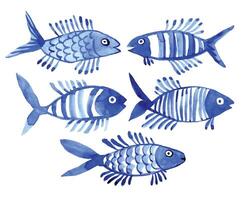 vattenfärg uppsättning med fisk. barns enkel teckning blå fisk på en vit bakgrund. klotter vektor
