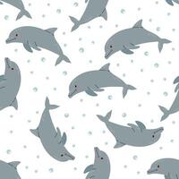 süß handgemalt farbig Delfin, nahtlos Muster im eben Stil, Ozean Wasser- unter Wasser kawaii Vektor. Vektor Karikatur Illustration auf Weiß Hintergrund.