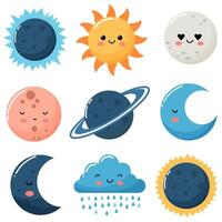 einstellen von Solar- System, Sonne, Mond, Planeten. Baby Illustration im eben Stil vektor