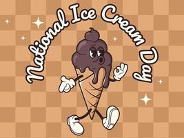 Schokolade Eis Sahne im retro Stil. National Schokolade Eis Sahne Tag Vektor Illustration mit groovig Maskottchen
