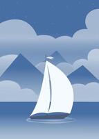 bergen havet blå landskap och fartyg affisch. havet natt med moln. vektor