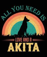 Allt du behöver är kärlek och en akita katt årgång t-shirt design. vektor