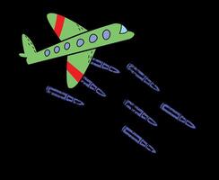 T-Shirt Design von ein Grün Militär- Flugzeug fallen lassen Bomben auf ein schwarz Hintergrund. Kinder- Vektor Illustration