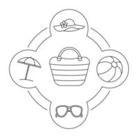 Strandtasche Inhalt der Frau lineare Symbole gesetzt. Sonnenbrille, Sonnenschirm, Ball und Hut. isolierte vektorillustrationen vektor