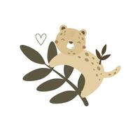 tecknad serie leopard, dekorativ element. platt stil, färgrik vektor illustration för ungar. bebis design för kort, affisch dekoration, t-shirt skriva ut