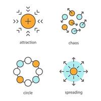 abstrakta symboler färg ikoner set. attraktion, kaos, cirkel, sprida begrepp. isolerade vektorillustrationer vektor