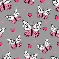 nahtlos Muster mit Schmetterlinge und Rosa Herzen auf ein grau Hintergrund vektor