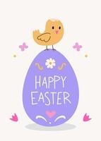 Lycklig påsk söt vektor kort. ritad för hand design av vår hälsning kort. vertikal kort med brud, ägg, vår blommor