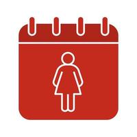 internationella kvinnodagen glyf färgikon. kalendersida med kvinna. siluett symbol på svart bakgrund. menstruationskalender. negativt utrymme. vektor illustration