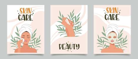 uppsättning av flygblad med kvinna, kosmetika, skönhet Produkter. skönhet, hud vård, kosmetika, dusch begrepp. illustration för baner, kort, reklam, affisch. vektor