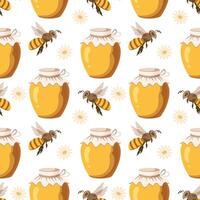 nahtlos Muster, Honig Gläser und Bienen. Hintergrund, drucken, Vektor