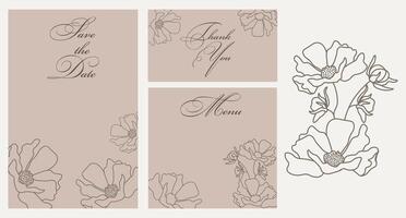 rustik stil bröllop inbjudan mall med översikt blommor. spara de datum. meny. tacka du. kalligrafi, affischer, vektor