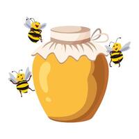 Glas Krug mit Honig und komisch Bienen. Illustration, drucken, Vektor