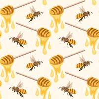 nahtlos Muster, Löffel mit Honig und Bienen. Hintergrund, drucken, Vektor