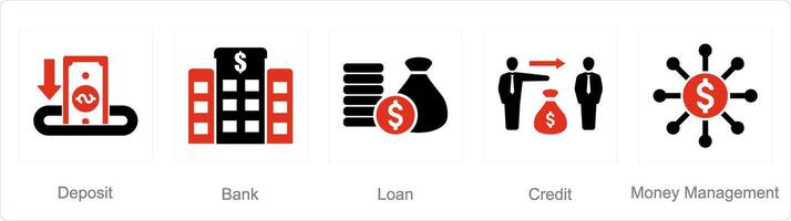 en uppsättning av 5 bokföring ikoner som deposition, Bank, lån vektor