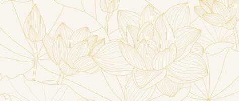 Luxus golden Lotus Blume Linie Kunst Hintergrund Vektor. natürlich botanisch elegant Blume mit Gold Linie Kunst. Design Illustration zum Dekoration, Mauer Dekor, Hintergrund, Abdeckung, Banner, Poster, Karte. vektor