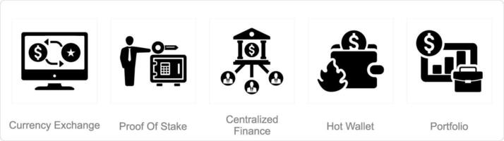 en uppsättning av 5 blockchain ikoner som valuta utbyta, bevis av insats, centraliserad finansiera vektor