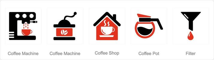 ein einstellen von 5 Kaffee Symbole wie Kaffee Maschine, Kaffee Geschäft, Kaffee Topf vektor