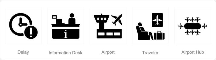 ein einstellen von 5 Flughafen Symbole wie Verzögerung, Information Schreibtisch, Flughafen vektor