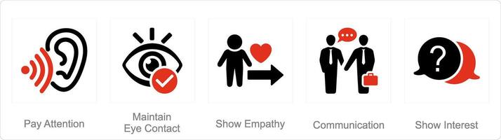 en uppsättning av 5 aktiva lyssnande ikoner som betala uppmärksamhet, upprätthålla öga Kontakt, visa empati vektor