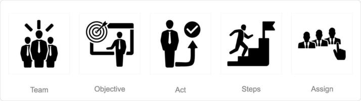 en uppsättning av 5 verkan planen ikoner som team, mål, spela teater vektor