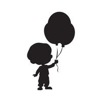 schwarz Vektor Silhouette von Kind spielen mit Ballon. Junge Kind halten Luftballons Weiß Hintergrund Logo